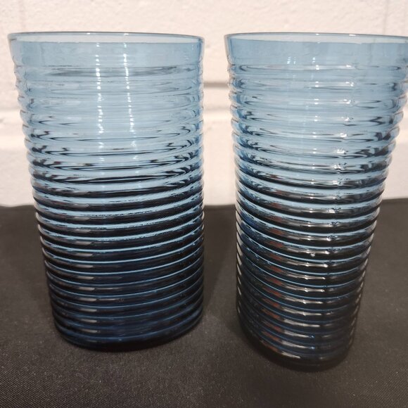 Vintage Set of 6 The Cellar Blue Ribbed Drinking Glasses - Picture 3 of 10